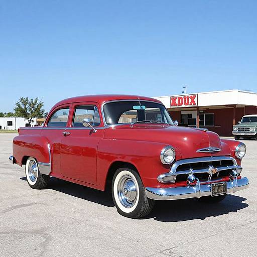 Photograph of a vibrant red, classic 1950s sedan with chrome accents and white-walled tires, parked in front of a red-and-white