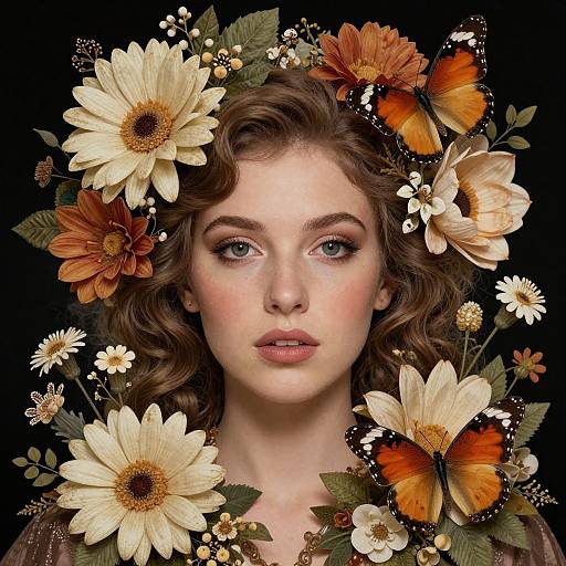 Digital portrait of a fair-skinned woman with wavy brown hair, surrounded by orange and white flowers, and orange butterflies, against a black background.