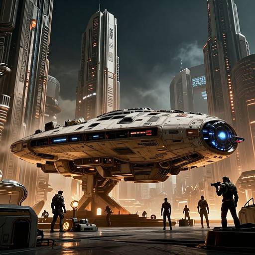 Digital art of a futuristic cityscape with towering skyscrapers, illuminated by orange lights, featuring a large, oval-shaped spacecraft in the center, surrounded