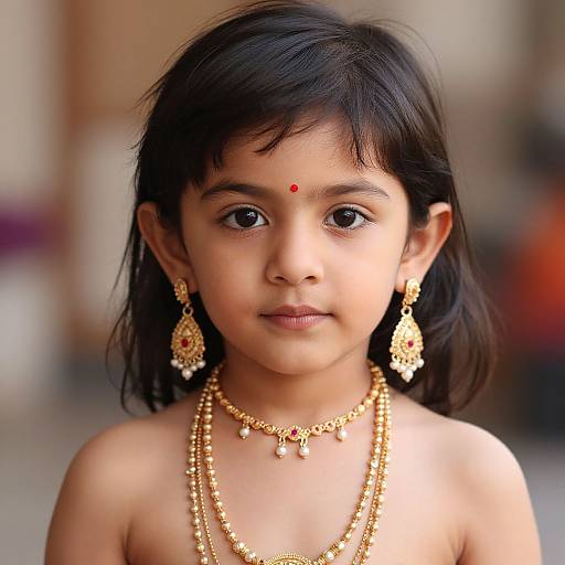 Photograph of a young Indian girl with dark hair, brown eyes, wearing gold jewelry including earrings, necklace, and a red bindi on her forehead