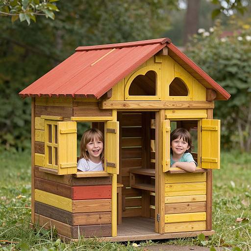 Photograph of two children with brown hair, smiling, peeking out from a colorful wooden playhouse with yellow and red accents, set on grass in