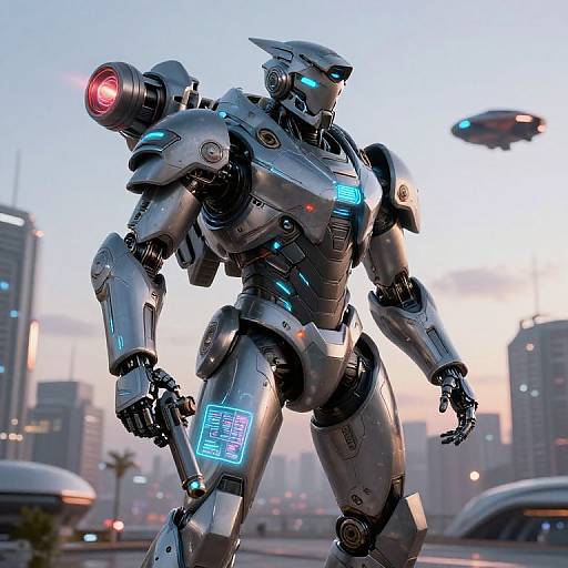 CGI sci-fi image of a silver, glowing, humanoid robot with a red laser on its back, standing in a futuristic cityscape with UFOs
