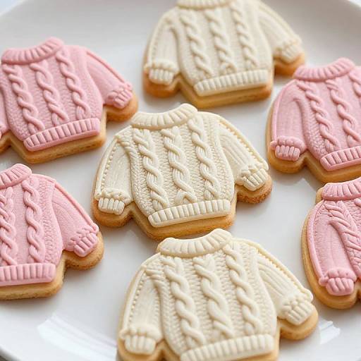 Photograph of eight intricately decorated sugar cookies shaped like knitted sweaters, half pink and half cream, on a white plate.