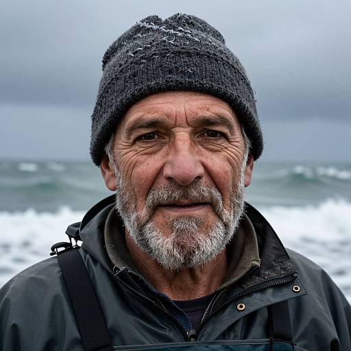 Weathered Fisherman Portrait at Stormy Sea