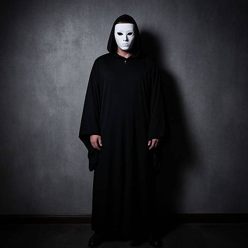 Photograph of a white-masked figure in a black hooded robe, standing against a dark, textured wall, casting a shadow. Mysterious and