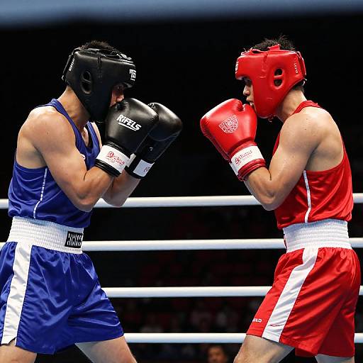 Photograph of two male boxers in a ring, wearing black and red headgear, blue and red trunks, respectively, facing each other in