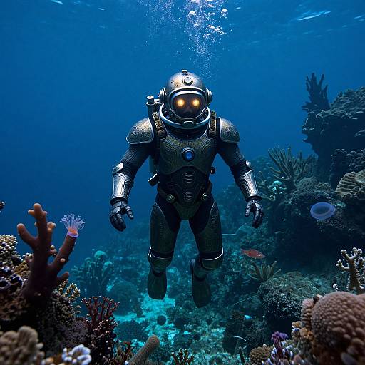 Photograph of a futuristic astronaut in a metallic spacesuit with glowing yellow eyes, exploring a vibrant underwater coral reef.