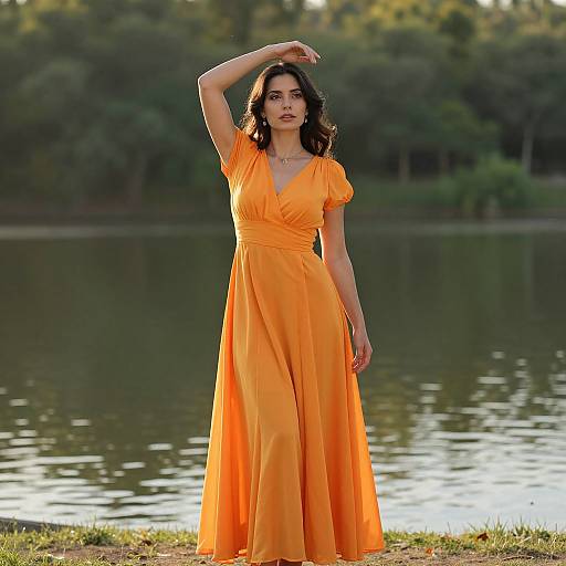 Photograph of a woman with long dark hair, wearing an orange, V-neck, short-sleeve dress, standing by a lake, hand raised