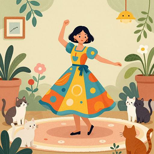 Colorful illustration of a woman in a polka-dot dress dancing in a plant-filled room with five cats. Bright, playful style.