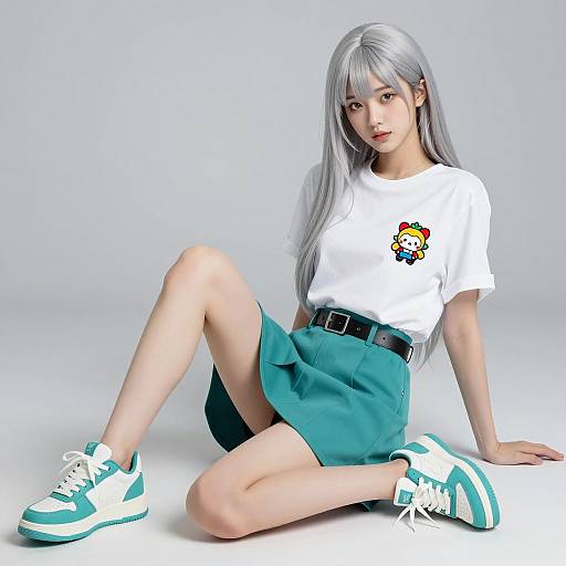 Young woman with silver hair in casual teal and white outfit