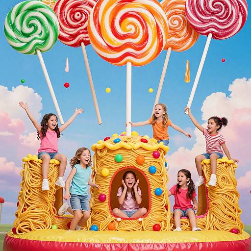 Photograph of six children joyfully sitting and standing on a giant, colorful, candy-themed structure with oversized lollipops and a pasta house backdrop