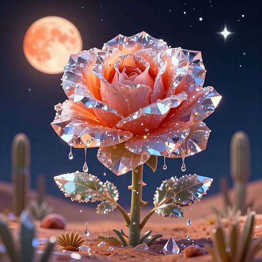 Digital artwork of a crystal-encrusted rose under a full moon in a desert, with cacti and dewdrops sparkling in the night.