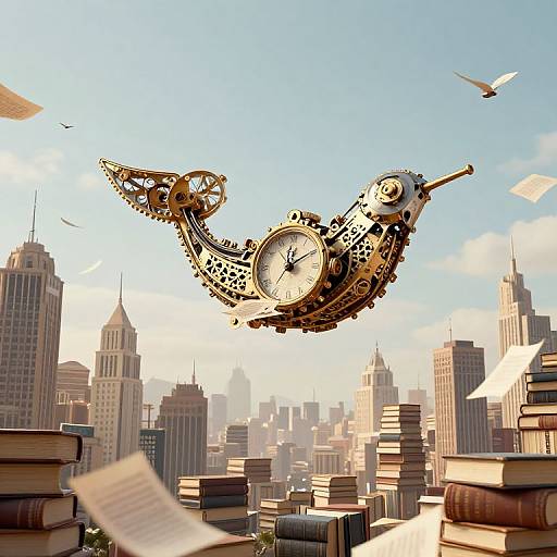 Steampunk clock bird soaring above a cityscape with floating books, papers, and a white bird in a bright, sunny sky.