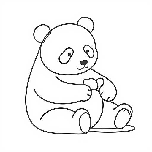Simple black and white line drawing of a cute, chubby bear sitting and holding its paw, with a gentle smile.
