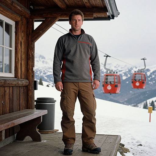 Photograph of a man in a gray and red jacket, brown pants, standing on a wooden ski lodge porch, with red ski chairs in snowy mountains