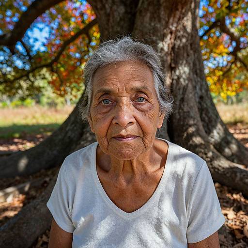 Photograph of an elderly woman with gray hair, wearing a white t-shirt, standing in front of a large tree with autumn leaves, sunlight filtering through
