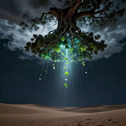 Upside Down Ancient Tree with Glowing Mist Over Desert