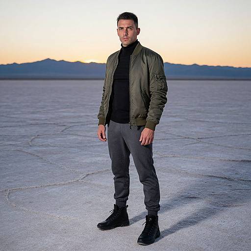 Photograph of a serious-looking man with short dark hair, olive green jacket, black turtleneck, gray pants, and black boots, standing on