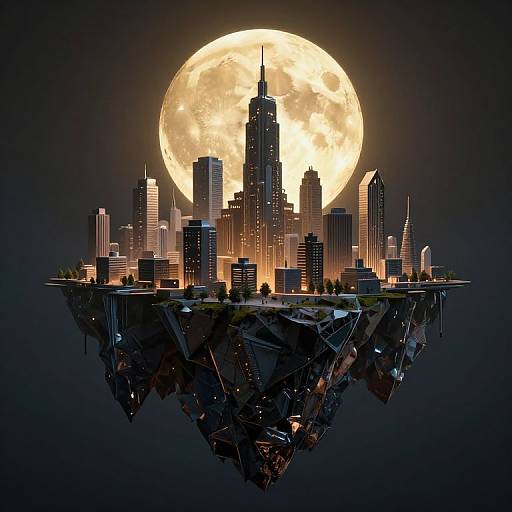 Digital artwork of a floating cityscape at night, with skyscrapers illuminated by a glowing, large full moon in the dark sky.