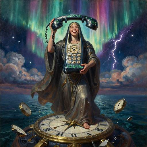 Celestial Sentinel with Vintage Phone and Shattered Clock