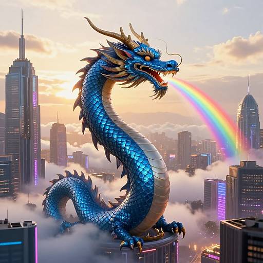 Digital artwork of a blue, dragon with orange eyes and horns, breathing a rainbow, towering over a futuristic cityscape with skyscrapers.