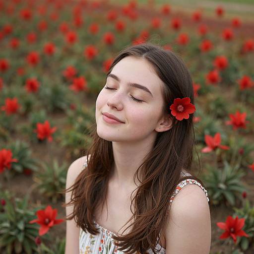 Photograph of a young woman with fair skin, closed eyes, and a red flower in her dark brown hair, smiling in a vibrant red poppy