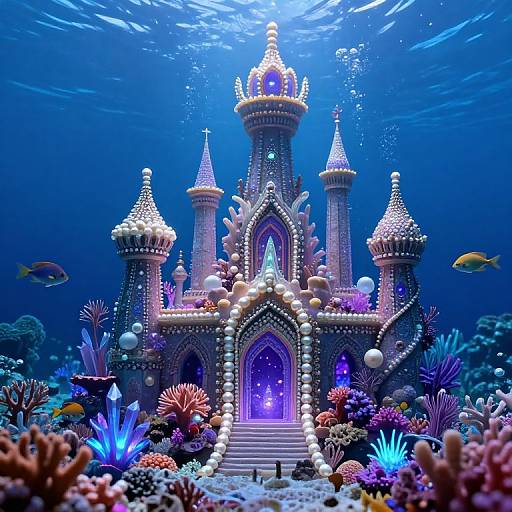 Photograph of an underwater, neon-blue, intricately detailed castle with multiple turrets, surrounded by colorful coral, glowing plants, and fish.