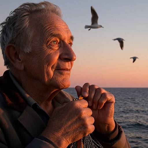 Photograph of an older man with gray hair, smiling at sunset, holding a fishing line, with seagulls flying above the ocean.