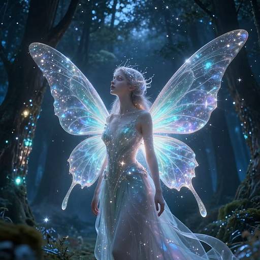 Photorealistic fantasy artwork of a glowing, ethereal fairy with translucent, starlit wings in a mystical forest, illuminated by soft blue light.