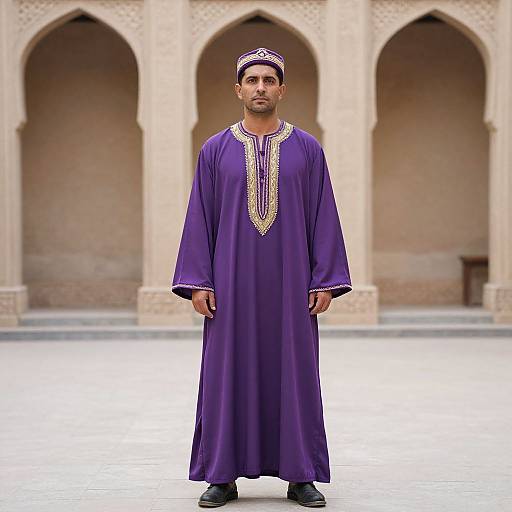 Photograph of a Middle Eastern man in a long, purple traditional robe with gold trim, black shoes, and a matching headcover, standing in front