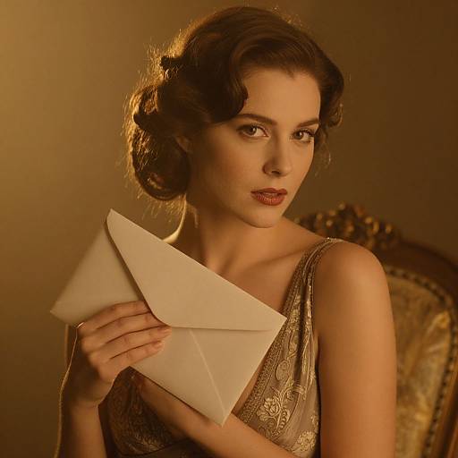 Vintage-style photograph of a fair-skinned woman with curled brown hair, wearing an ornate golden dress, holding an envelope, against a warm, softly