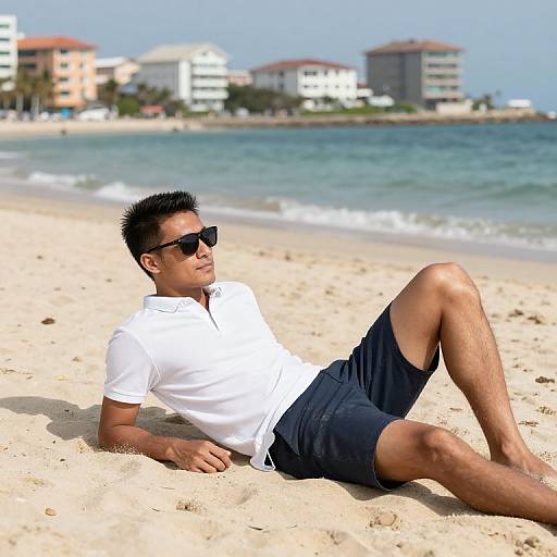 Photograph of a young Asian man with short black hair, wearing black sunglasses, white polo shirt, and black shorts, lounging on a sandy beach
