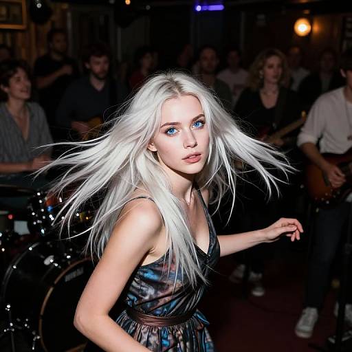 Photograph of a young white woman with long, flowing white hair and blue eyes, wearing a black and blue patterned dress, moving energetically