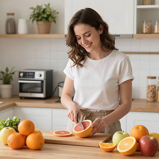 Photograph of a smiling brunette woman in a white shirt, cutting a grapefruit on a wooden kitchen counter with various fruits.