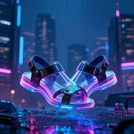 Neon-lit, glowing sneakers float in the rain against a futuristic cityscape with colorful lights. Cyberpunk digital art.