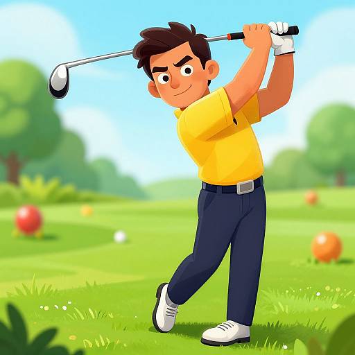 Digital cartoon of a young man with dark hair, yellow shirt, and dark pants, swinging a golf club on a bright, green golf course.