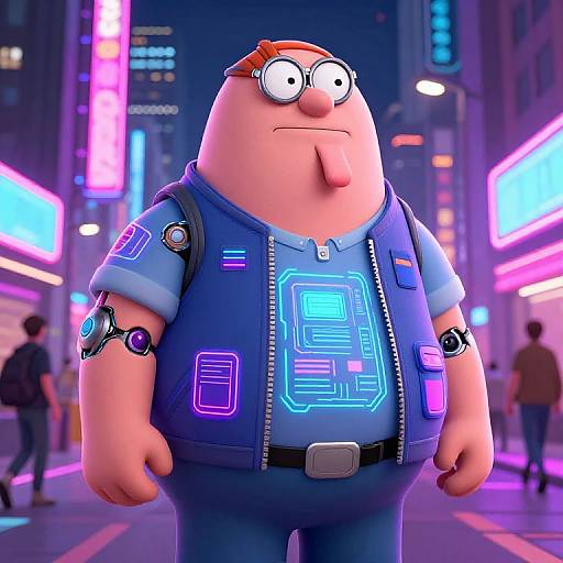 CGI image of a chubby, bald man with glasses, wearing a neon blue cyber jacket, standing in a vibrant, neon-lit city street at