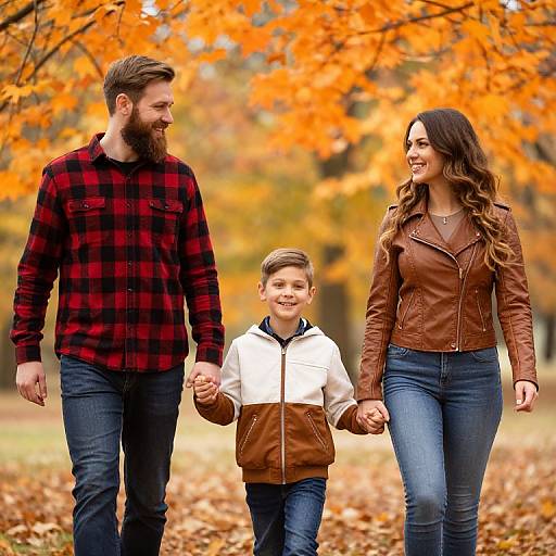 Photograph of a bearded father in a red plaid shirt, smiling mother in a brown leather jacket, and happy son in a white and brown