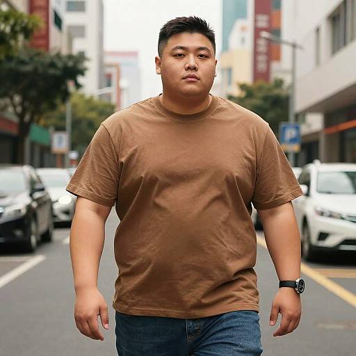 Confident Heavyset Figure in Urban Scene