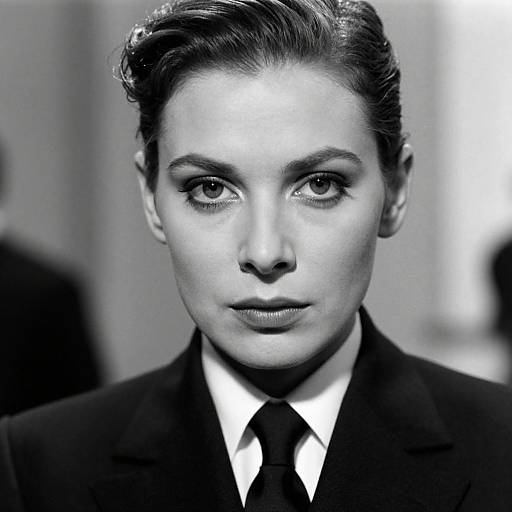 Black-and-white photograph of a serious, attractive woman with slicked-back hair, wearing a suit and tie, staring directly at the camera.