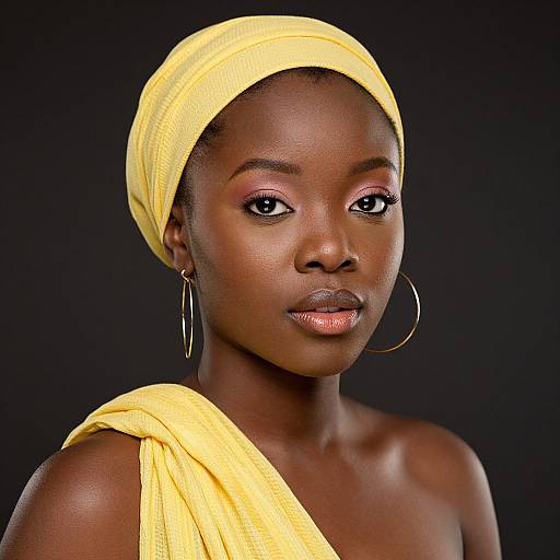 Photograph of a dark-skinned woman with yellow headwrap, pink eyeshadow, large hoop earrings, and yellow draped fabric, against a black