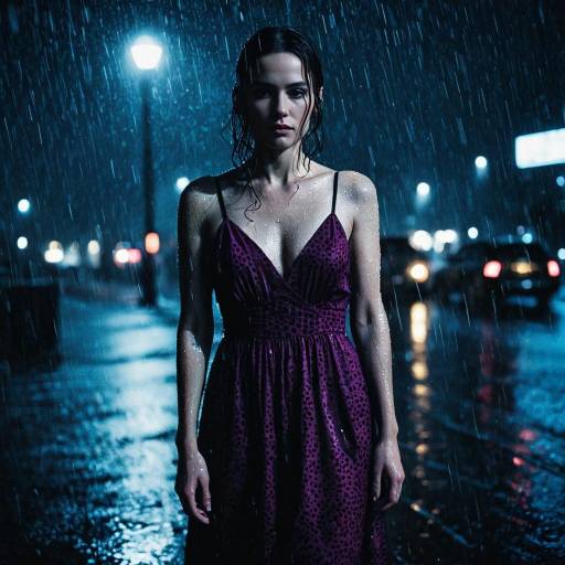 Woman Standing in Rain at Night