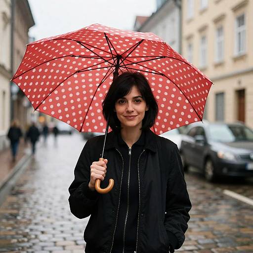 Charming Woman with Red Umbrella on Cobblestone