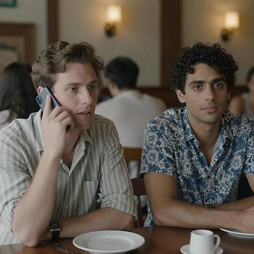 Photograph of two men sitting at a café table; one with curly hair in a floral shirt, the other with wavy hair on a phone call