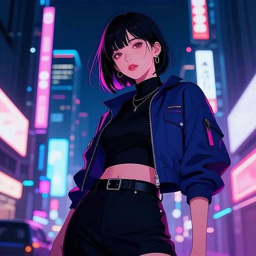 Anime-style digital art of a black-haired woman in a black crop top and jacket, standing in a neon-lit city street at night.