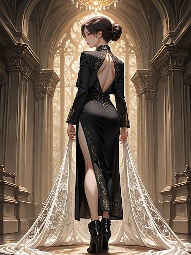 Elegant Woman in Black Backless Dress in Gothic Interior