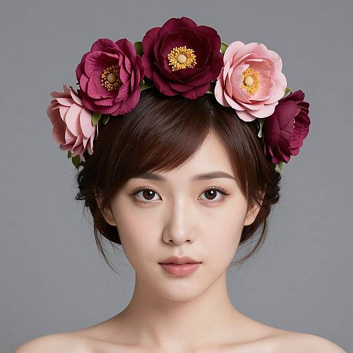 Photograph of an Asian woman with fair skin, dark brown hair, wearing a floral headpiece with dark red and pink flowers, against a gray background