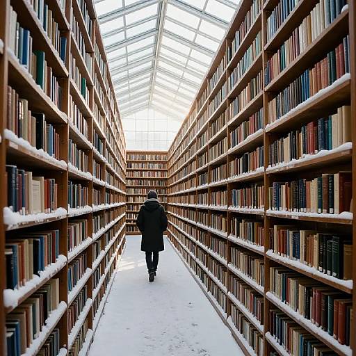 Photograph of a snow-covered library aisle, featuring a person in a dark coat walking away, flanked by tall wooden bookshelves filled with colorful