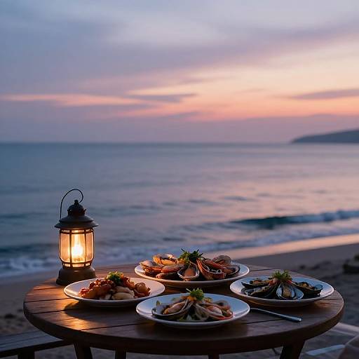 Photograph of a beach sunset dinner setup: wooden table with four plates of seafood, lantern, ocean waves, and pink-orange sky.