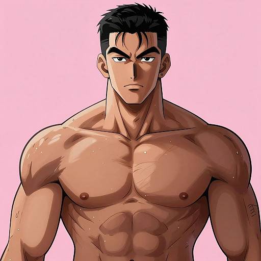 Muscular, shirtless anime-style man with short black hair, defined abs, and large chest, sweating, staring intensely; pink background. Digital artwork